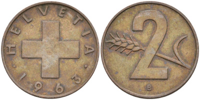 Швейцария 2 раппена 1963 В KM 47 бронза 4591-1253