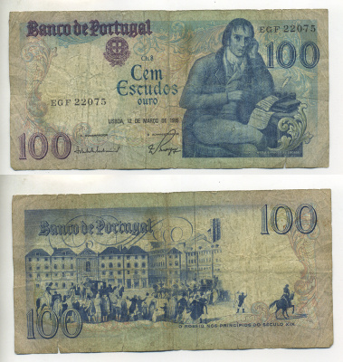 Португалия 100 эскудо 1985 Мануэл Мария Барбоза ду Бокаже, площадь Росиу в Лиссабоне до XIX века, 12 марта 1985 Pick 178d бумага 7552-48-3