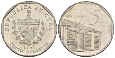 Куба 5 сентаво 1998 KM 575.2, Schoen 713, JMA MC19 сталь плакированная никелем 4115-657
