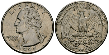 США 25 центов = квотер 1998 P, Вашингтон KM A164a медь плакированный медно-никелем 4138-1024