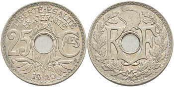 ФРАНЦИЯ 25 САНТИМОВ 1920 ТИП ЛИНДАЙЁ KM 867а, LE FRANC 171.4 медно-никель UNC 175-324