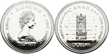 Канада 1 доллар 1977 25 лет вступлению на престол Королевы Елизаветы II KM 118 серебро UNC 1095-4-61