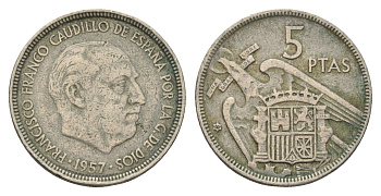 Испания 5 песет 1957 (60) Франсиско Франко (1939-1975) KM 786 медно-никель 4673-952