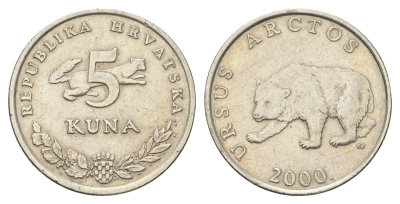 Хорватия 5 кун 2000 бурый медведь, четный год KM 23 медь цинк никель    4660-424