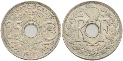 ФРАНЦИЯ 25 САНТИМОВ 1920 ТИП ЛИНДАЙЁ KM 867а, LE FRANC 171.4 медно-никель UNC 175-324