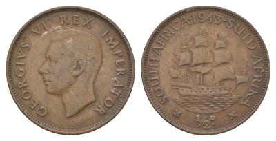ЮАР 1/2 пенни 1943 KM 24 бронза 4622-653