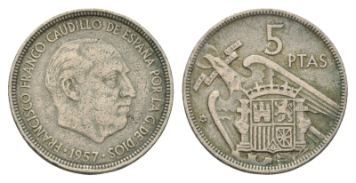 Испания 5 песет 1957 (60) Франсиско Франко (1939-1975) KM 786 медно-никель 4673-952