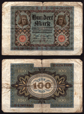 Германия 100 марок 1924 Веймар,7 цифр в номере, A, «Бамбергский всадник» из оперы «Купол Бамберга». Pick 69 a бумага 6289-19-1-1