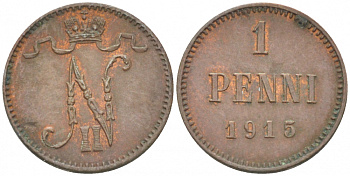 РОССИЯ ДЛЯ ФИНЛЯНДИИ 1 ПЕННИ 1915 НИКОЛАЙ II KM 13, Биткин 475 медь 4396-1451