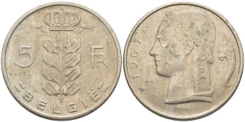Бельгия 5 франков 1967 Belgie, Бодуэн I (1951-1993) KM 135.1 медно-никель 119-815