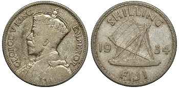 Фиджи 1 шиллинг 1934 Георг V (1910-1936), парусник KM 4 серебро 91-943