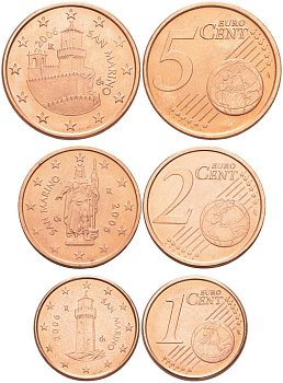 САН-МАРИНО ЛОТ ИЗ 3 МОНЕТ 2006 1, 2, 5 ЕВРОЦЕНТОВ KM 440, 441, 442 сталь плакированная медью UNC N4-49