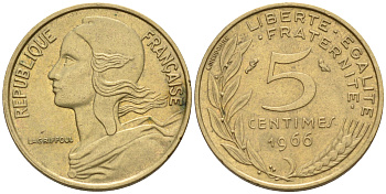 Франция 5 сантимов 1966 тип Марианна KM 933 никель алюминий медь    4594-1124