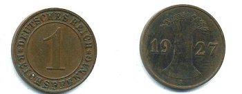 ГЕРМАНИЯ 1 РЕЙХСПФЕННИГ 1927 А KM 37, J. 313 бронза 62-2464
