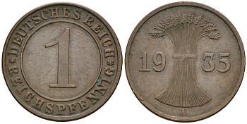 Германия 1 рейхспфенниг 1935 A KM 37, J. 313 бронза 4528-624