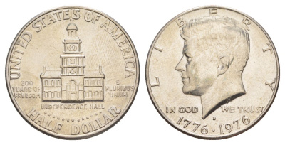 США 1/2 доллара (50 центов) 1976 D, 200 лет независимости, Джон Кеннеди KM 205 медь плакированная медно-никелем aUNC 4557-335