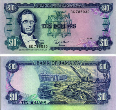 Ямайка 10 долларов 1987 Джордж Вильям Гордон, бокситовая промышленность Pick 71 b бумага UNC (пресс) 6299-38-2-2