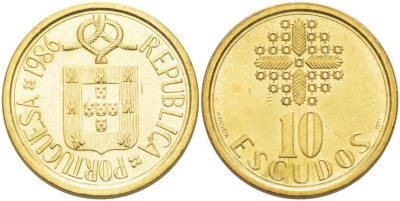 ПОРТУГАЛИЯ 10 ЭСКУДО 1986 KM 633 никель латунь XF+ 4513-1112