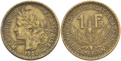 Французский Камерун 1 франк 1926 (а), монетный двор Париж KM 2 алюминиевая бронза 65-754