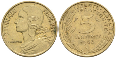 Франция 5 сантимов 1966 тип Марианна KM 933 никель алюминий медь    4594-1124