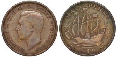 Великобритания 1/2 пенни 1940 Георг VI (1936-1952) KM 844, Spink 4115 бронза 4175-831