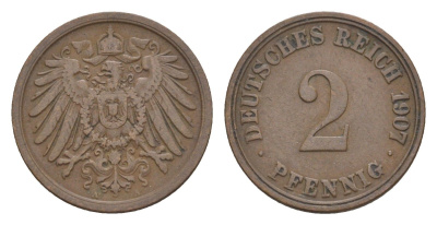 Германия 2 пфеннига 1907 A, Вильгельм II (1888-1918) KM 16, J. 11, Weege 4 медь 4639-1216