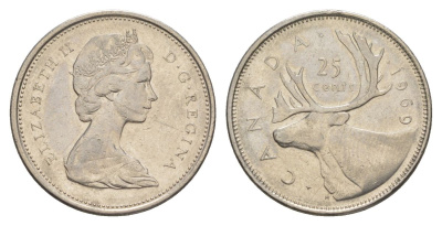 Канада 25 центов 1969 Елизавета II (1952-2022), олень KM 62b никель 4631-612