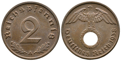 Германия 2 рейхспфеннига 1938 A KM 90, J. 362 бронза 176-915