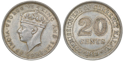 Британская Малайя 20 центов 1939 Георг VI (1937-1952) KM 5 серебро 53-351