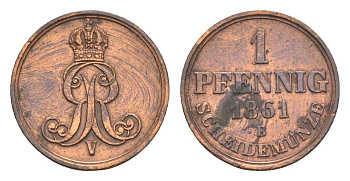 Ганновер 1 пфенниг 1861 B, Георг V (1851-1866) KM 233, AKS 156, J. 90 медь    4658-1062