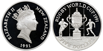 Новая Зеландия 5 долларов 1991 чемпионат по регби среди стран Содружества, с сертификатом KM 80а серебро PROOF 5-4-5-24