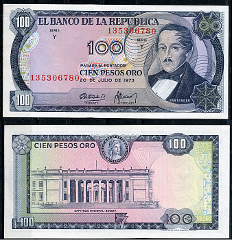 Колумбия 100 песо 1973 генерал Франсиско де Паула Сантандер, герой освободительной войны Pick 415  бумага  UNC (пресс) 7219-2-3-1