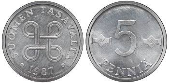 ФИНЛЯНДИЯ 5 ПЕННИ 1987 KM 45а алюминий UNC 3334-1114