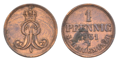 Ганновер 1 пфенниг 1861 B, Георг V (1851-1866) KM 233, AKS 156, J. 90 медь    4658-1062