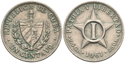 Куба 1 сентаво 1961 звезда, первая Республика (1902-1961) KM 9.2 медно-никель 3955-764