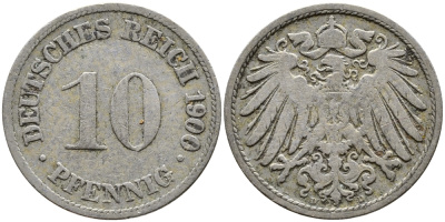 Германия 10 пфеннигов 1900 D KM 12, J. 13 медно-никель 25-332