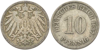 Германия 10 пфеннигов 1897 А KM 12, J. 13 медно-никель 210-631