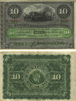 Куба 10 песо 1896 Испанская Администрация, надпечатка PLATA Pick 49 d бумага 7116-7-2-1