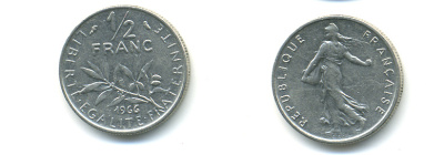 ФРАНЦИЯ 1/2 ФРАНКА 1966 СЕЯТЕЛЬ KM 931.1, LE FRANC 198.5 никель 86-1752