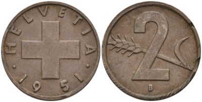 Швейцария 2 раппена 1951 В KM 47 бронза 4114-1233