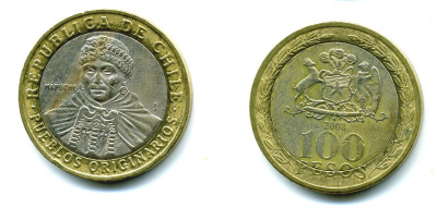 Чили 100 песо 2008 индейцы Мапуче KM 236 биметалл 29-556