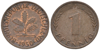 ФРГ 1 пфенниг 1950 F KM 105, J.380 сталь плакированная медью 4609-326