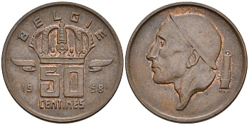 БЕЛЬГИЯ 50 САНТИМОВ 1958 BELGIE KM 149.1 бронза 4564-152