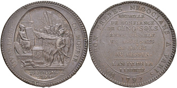 Франция 5 солей (су) 1792 LAN 4, революции, токен, VIVRE LIBRAS OU MOURIR ("Жить свободным или умереть", MONNERON FRERES NEGOCIANS A PARIS (Торговцы братья Моннерон. Париж). KM Tn31, Guilloteau 291, Mazard 145 бронза 4552-1011