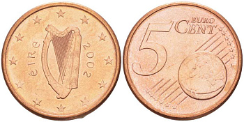 ИРЛАНДИЯ 5 ЕВРОЦЕНТОВ 2002 KM 34 сталь плакированная медью UNC 214-255