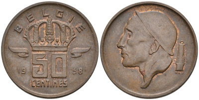 БЕЛЬГИЯ 50 САНТИМОВ 1958 BELGIE KM 149.1 бронза 4564-152