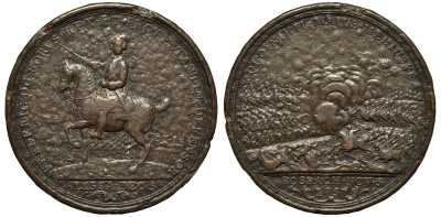 ГЕРМАНИЯ МЕДАЛЬ 1757 РУССКО-ПРУССКАЯ ВОЙНА, СРАЖЕНИЕ ПРИ РОСБАХЕ, 5 НОЯБРЯ 1757, ДИАМЕТР 48 ММ. ВЕС 32,3 ГР. бронза 00-00