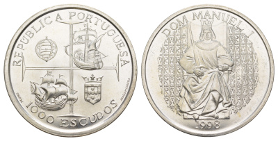 Португалия 1000 эскудо 1998 Король Мануэл I KM 713 серебро BU 1088-1-31