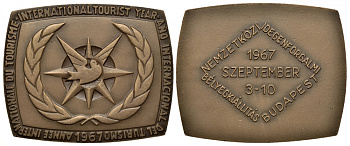 ВЕНГРИЯ ПЛАКЕТКА 1967 МЕЖДУНАРОДНЫЙ ГОД ТУРИЗМА, БУДАПЕШТ, 3-10 СЕНТЯБРЯ 1967, РАЗМЕР 48,5 Х 59,5 ММ., ВЕС 73,46 ГР. бронза 1079-3-41