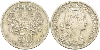 Португалия 50 сентаво 1959 голова Свободы вправо KM 577 медно-никель 4513-1215